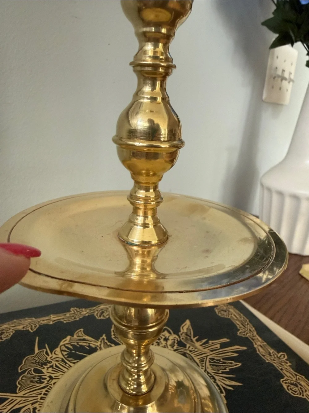 Vintage Brass Candlestick Holder with Circular Drip Tray  and Stepped Bell Base